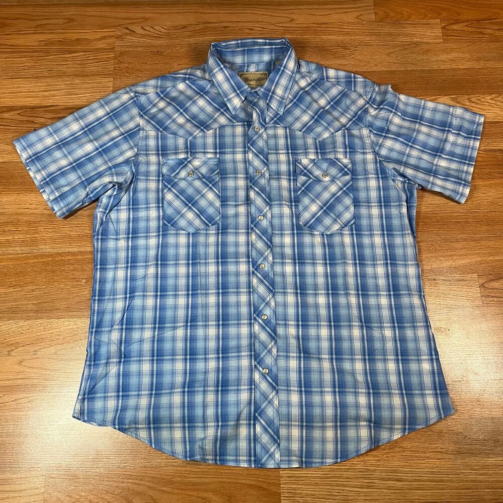 Wrangler Shirt Mens Sz XL Blue White Plaid Pearl Snap Western Rodeo Cowboy